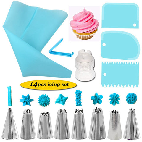 14Pcs/Set Reusable Icing Piping Nozzles Set Pastry Bag Scraper Flower Cream Tips Converter Baking Cup DIY Cake Decorating Tools