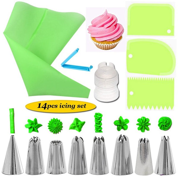 14Pcs/Set Reusable Icing Piping Nozzles Set Pastry Bag Scraper Flower Cream Tips Converter Baking Cup DIY Cake Decorating Tools