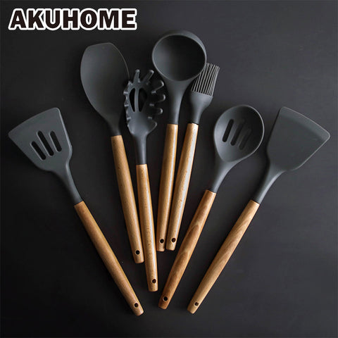 Silicone Kitchen Tools Set Cooking Tools Utensils Set Spatula Shovel Soup Spoon with Wooden Handle Special Heat-resistant Design
