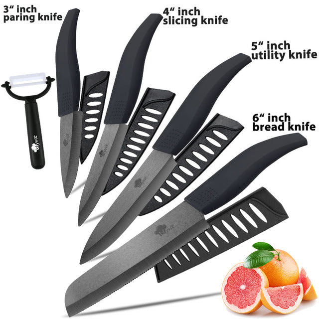 Ceramic Knife 3 4 5 inch + 6 inch Kitchen Knives Serrated Bread Set +Peeler Zirconia Black Blade Fruit Chef Knife Vege Cook Tool