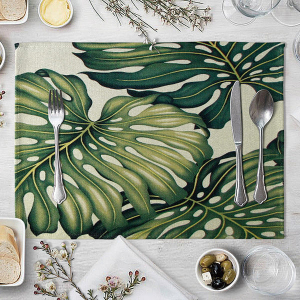 1 Pcs Placemat Table Mat Hand Painted Green Leaves Printed For Tables Heat-insulation Linen Kitchen Dining Pads