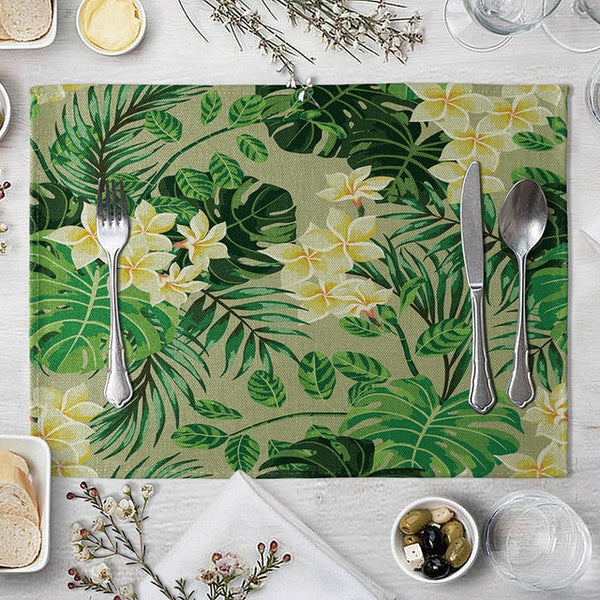 1 Pcs Placemat Table Mat Hand Painted Green Leaves Printed For Tables Heat-insulation Linen Kitchen Dining Pads