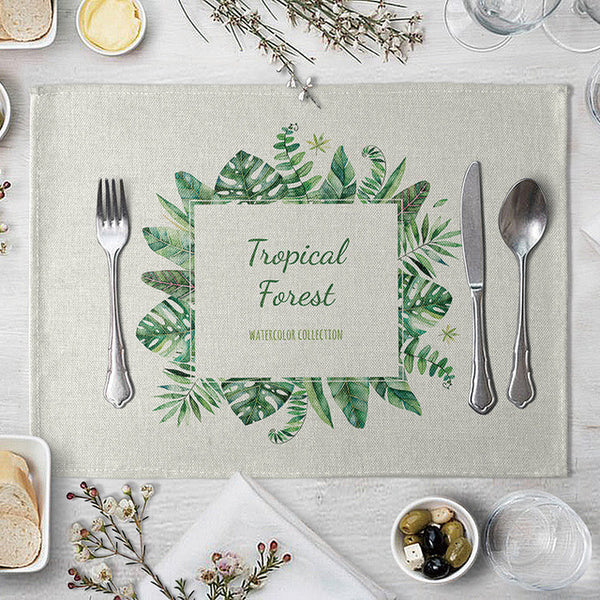 1 Pcs Placemat Table Mat Hand Painted Green Leaves Printed For Tables Heat-insulation Linen Kitchen Dining Pads