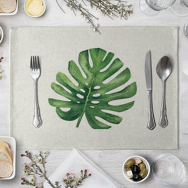 1 Pcs Placemat Table Mat Hand Painted Green Leaves Printed For Tables Heat-insulation Linen Kitchen Dining Pads