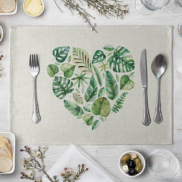 1 Pcs Placemat Table Mat Hand Painted Green Leaves Printed For Tables Heat-insulation Linen Kitchen Dining Pads