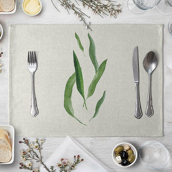 1 Pcs Placemat Table Mat Hand Painted Green Leaves Printed For Tables Heat-insulation Linen Kitchen Dining Pads