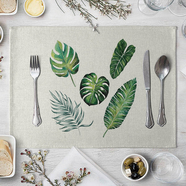 1 Pcs Placemat Table Mat Hand Painted Green Leaves Printed For Tables Heat-insulation Linen Kitchen Dining Pads